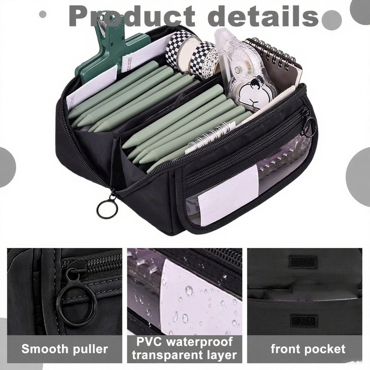 Pencil case - Pencil case for boys and girls - 20x8.5x8.5 cm - Canvas - Linen - Large capacity - School pencil case - black - Image 8