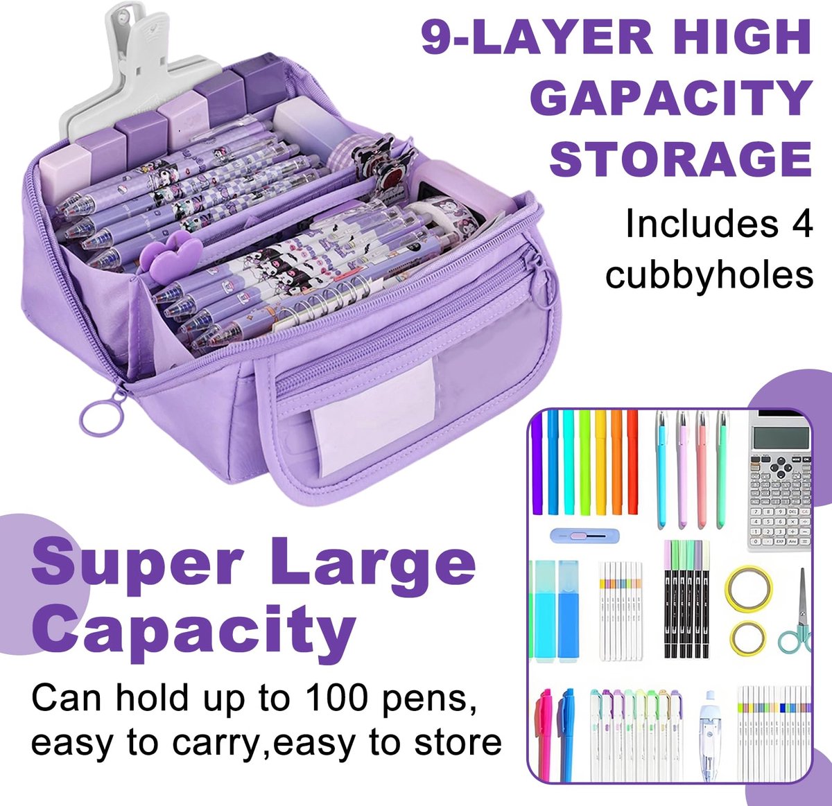 Pencil case - Pencil case for boys and girls - 20 x 8.5 x 8.5 cm - Canvas - Linen - Large capacity - School pencil case - Purple - Image 3