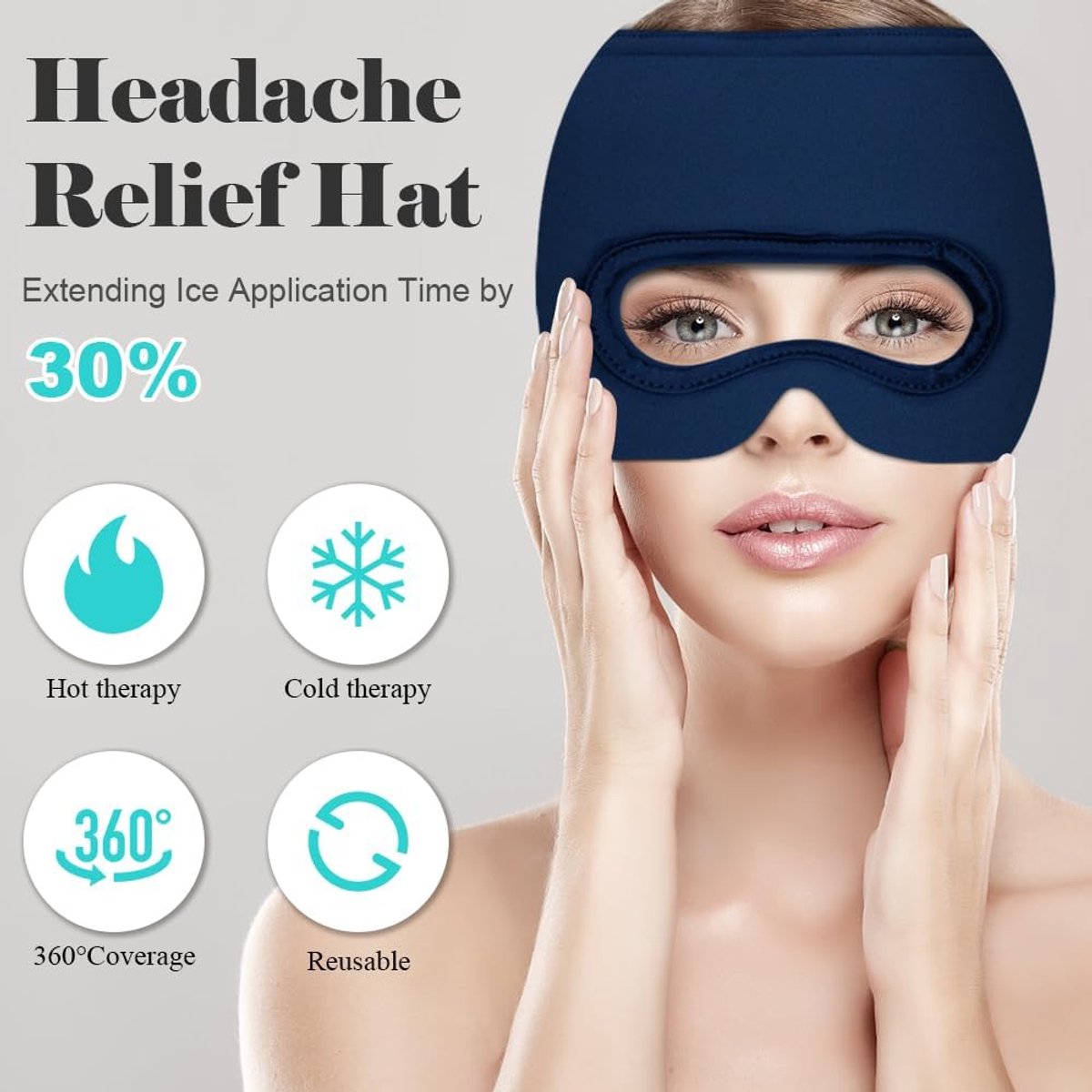 Migraine Relief Hat - Eye Mask - Cooling Eye Mask - Headache Relief - Hot & Cold Pack - 3-in-1 Pain Relief Mask - with Removable Eye Mask - Reusable - Migraine Relief Hat - Blue - Image 4