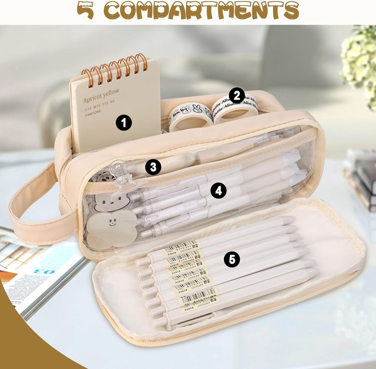 Pencil case - Large capacity - Suitable for boys and girls - Waterproof - Expandable - Toiletry bag - Cosmetic and office supply bag - Off-white - Image 6