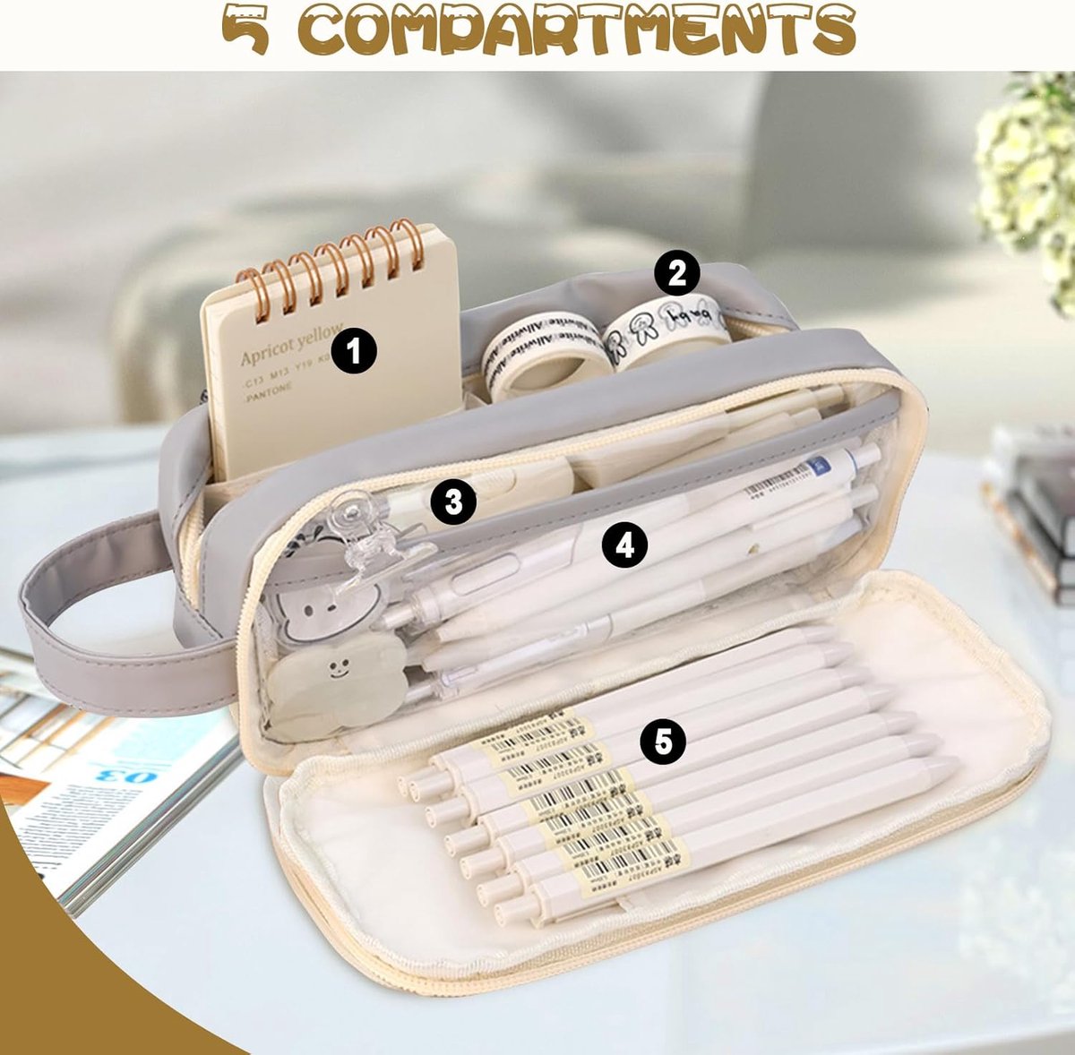 Pencil case, large capacity, suitable for boys and girls, waterproof, expandable, toiletry bag, makeup bag and office supplies, gray - Image 5