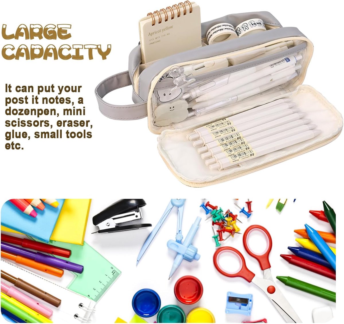 Pencil case, large capacity, suitable for boys and girls, waterproof, expandable, toiletry bag, makeup bag and office supplies, gray - Image 7