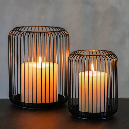Set of 2 black metal candle holders, large oval candle holder, black decoration, metal wire lantern (Zwart) - Image 2