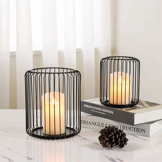 Set of 2 black metal candle holders, large oval candle holder, black decoration, metal wire lantern (Zwart) - Image 3