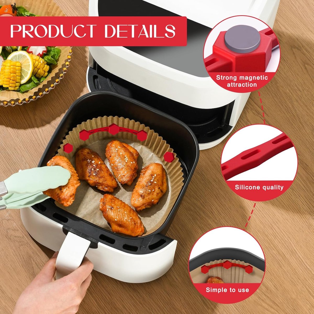4 Magnetic Silicone Airfryer Loops – Safe for Parchment Paper and Disposable Liners – Magnetic Silicone Airfryer Strips – Ideal for Airfryer Accessories – Prevents Paper from Burning on Contact with the Heating Element – Red - Image 4