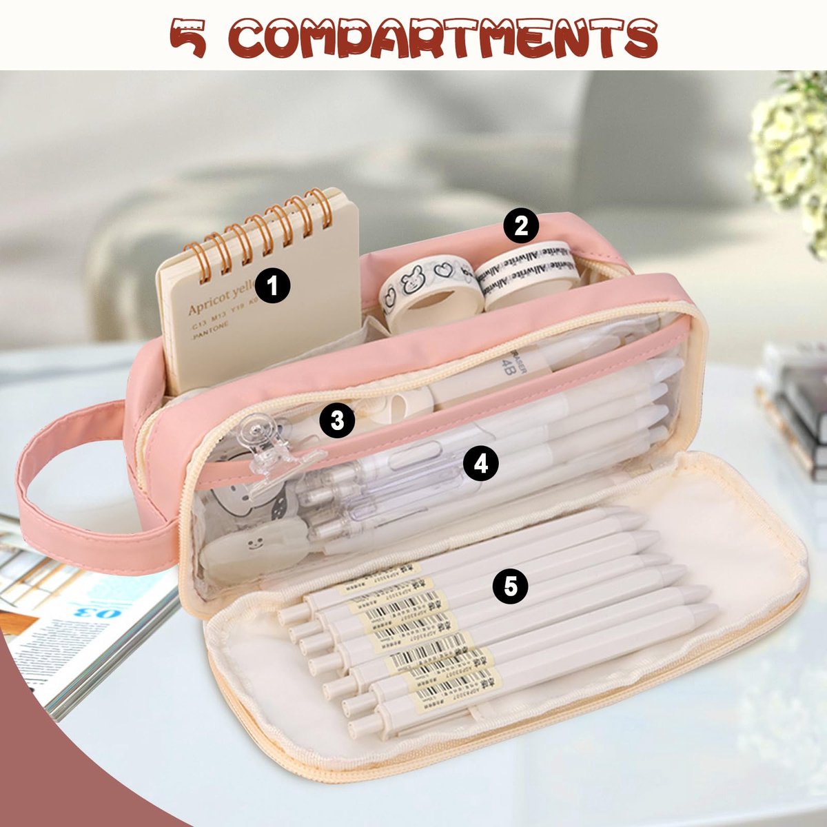 Pencil Case - Large Capacity - Waterproof and Expandable - Pencil Case for Boys and Girls - School Supplies - Suitable for Stationery, Makeup, Cosmetics, Travel, and Office Supplies - Pink - Image 3
