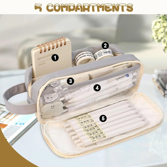 Pencil Case - Large Capacity - Waterproof and Expandable - Pencil Case for Boys and Girls - School Supplies - Suitable for Stationery, Makeup, Cosmetics, Travel, and Office Supplies - Beige - Image 2