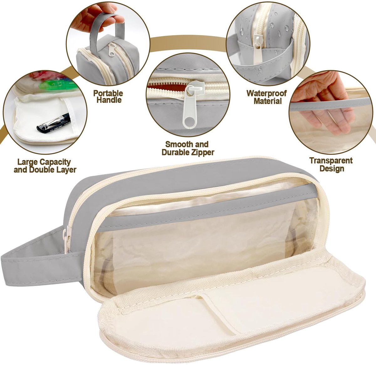 Pencil Case - Large Capacity - Waterproof and Expandable - Pencil Case for Boys and Girls - School Supplies - Suitable for Stationery, Makeup, Cosmetics, Travel, and Office Supplies - Beige - Image 3