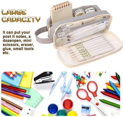 Pencil Case - Large Capacity - Waterproof and Expandable - Pencil Case for Boys and Girls - School Supplies - Suitable for Stationery, Makeup, Cosmetics, Travel, and Office Supplies - Beige - Image 7