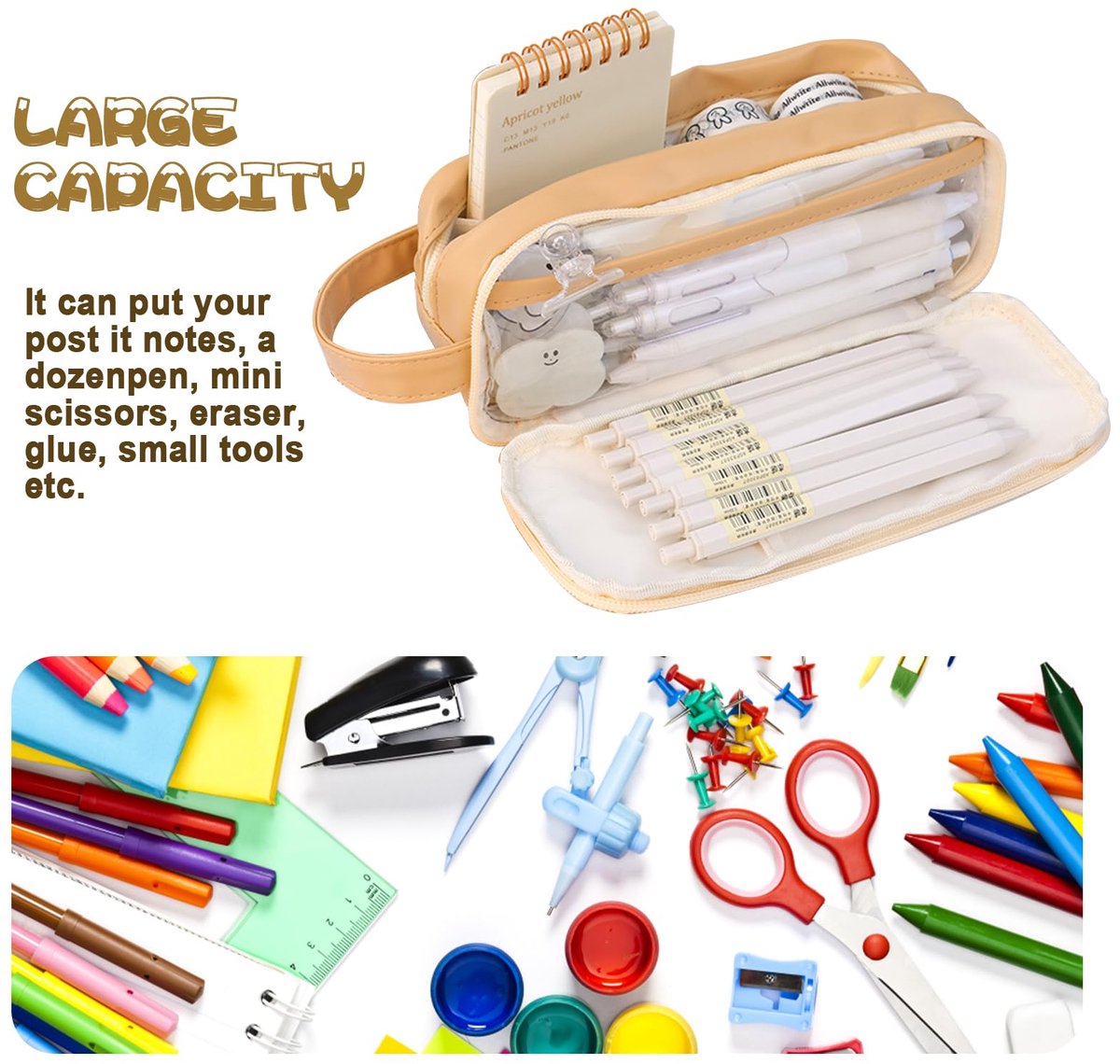 Pencil Case - Large Capacity - Waterproof and Expandable - Pencil Case for Boys and Girls - School Supplies - Suitable for Stationery, Makeup, Cosmetics, Travel and Office Supplies - Brown - Image 7