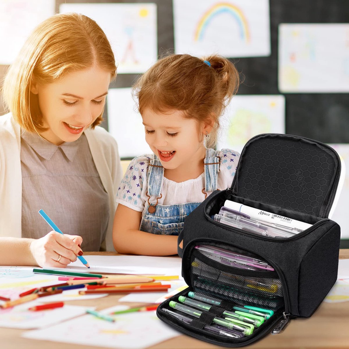 Pencil case for boys and girls - Pencil case for adults - School pencil case - 24 x 13 x 13 cm - Black - Image 4