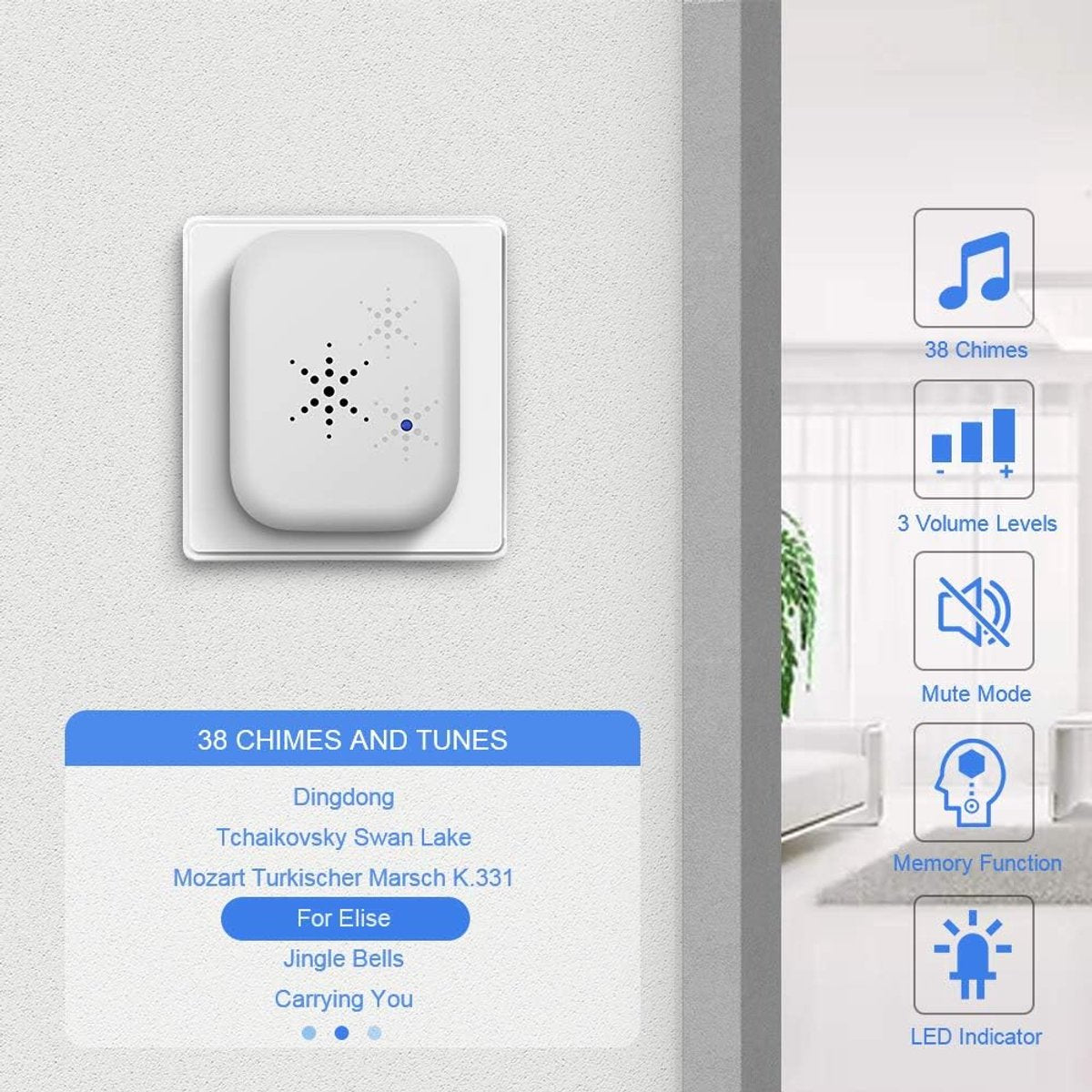 Wireless Doorbell - Doorbells - Wireless Doorbell - Standalone Doorbell - No Battery Required - Wireless Doorbell - 150m Range, Waterproof Button - With 38 Ringtones - 4 Volume Levels and LED - With - Image 5