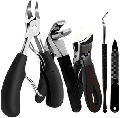 Nail clippers - Stainless steel pedicure tool - Heavy-duty nail clipper set - Includes a nail file, cuticle nipper, and pedicure tool - Classic black handles - Set of 5 - For ingrown and thick nails