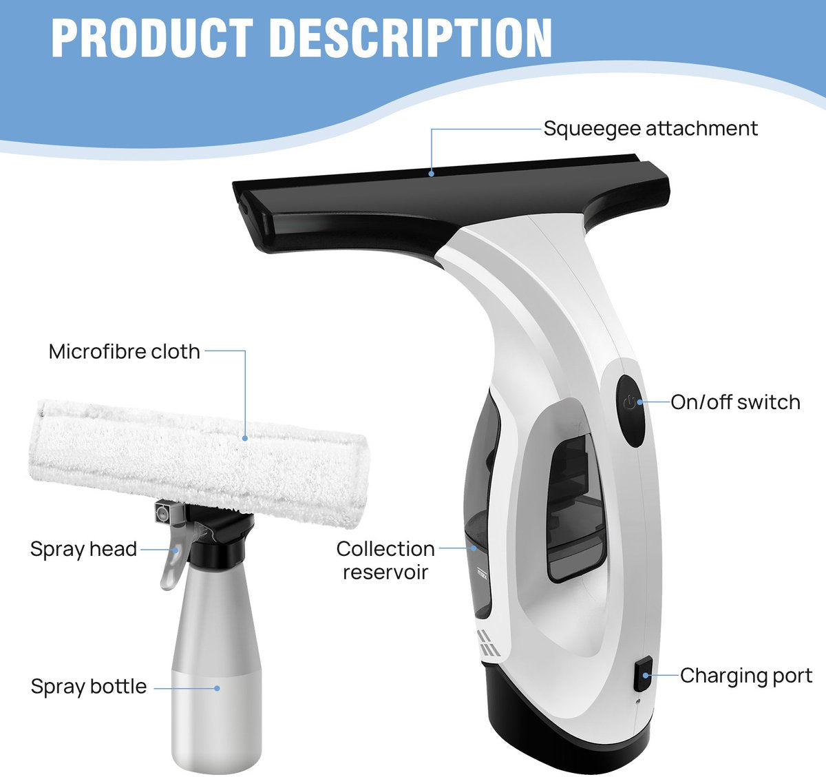 Windshield wiper - window cleaner - window squeegee - window cleaner - cordless window vacuum cleaner - water tank, spray bottle with microfiber cover - cordless window cleaner for all smooth surfaces, windows, mirrors, shower screens - Image 4