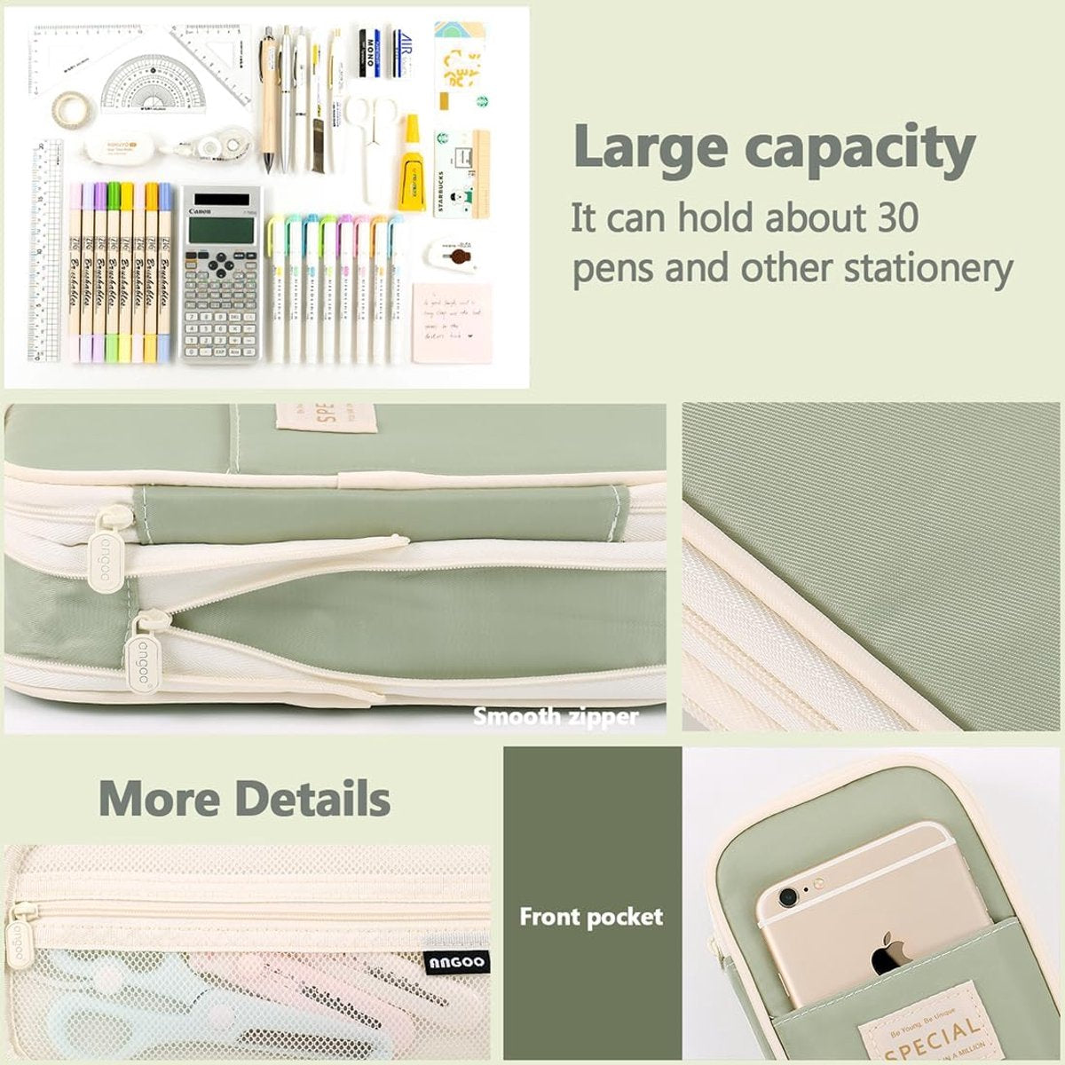 Large capacity pencil case, writing pencil case suitable for teenage girls, green, pencil case - Image 4