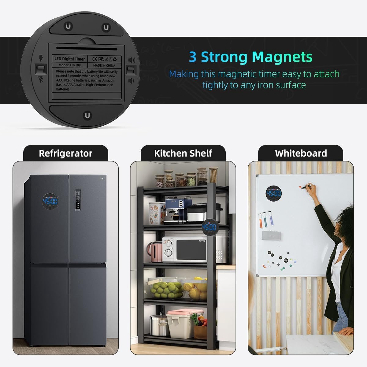 Digital Timer - Digital Kitchen Timer - Smart Timer - LED Display - Magnetic - Addition/Subtraction - Learn to Tell Time - Analog Kitchen Timer - Black - Image 2