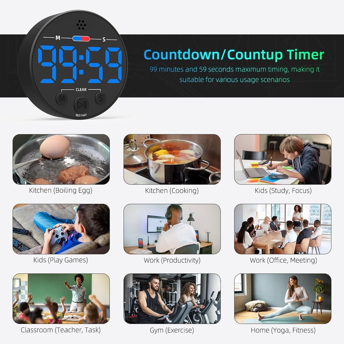 Digital Timer - Digital Kitchen Timer - Smart Timer - LED Display - Magnetic - Addition/Subtraction - Learn to Tell Time - Analog Kitchen Timer - Black - Image 5