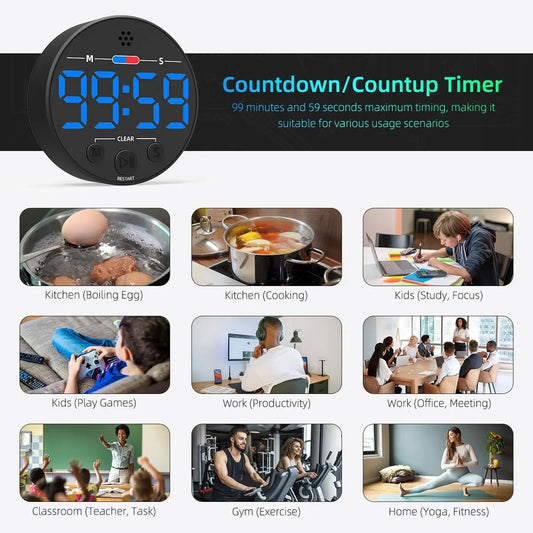 Digital Timer - Digital Kitchen Timer - Smart Timer - LED Display - Magnetic - Addition/Subtraction - Learn to Tell Time - Analog Kitchen Timer - Black - Image 5