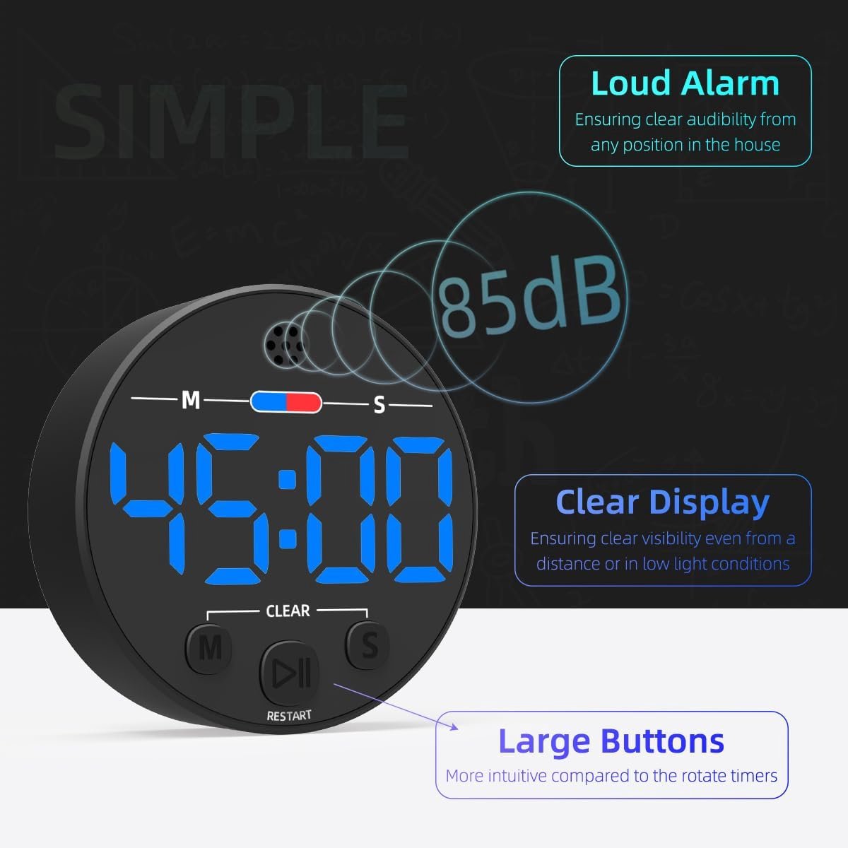 Digital Timer - Digital Kitchen Timer - Smart Timer - LED Display - Magnetic - Addition/Subtraction - Learn to Tell Time - Analog Kitchen Timer - Black - Image 7