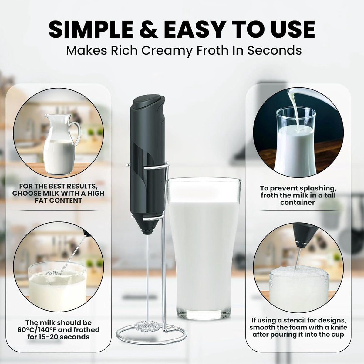 Milk frother - Milk frother - Electric milk frother - Milk frother with stand - Portable battery-operated milk frother - Manual milk frother with stand - Handheld frother for coffee blender - For lattes, cappuccinos, and coffee cream - Image 3