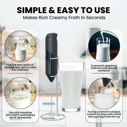 Milk frother - Milk frother - Electric milk frother - Milk frother with stand - Portable battery-operated milk frother - Manual milk frother with stand - Handheld frother for coffee blender - For lattes, cappuccinos, and coffee cream - Image 3