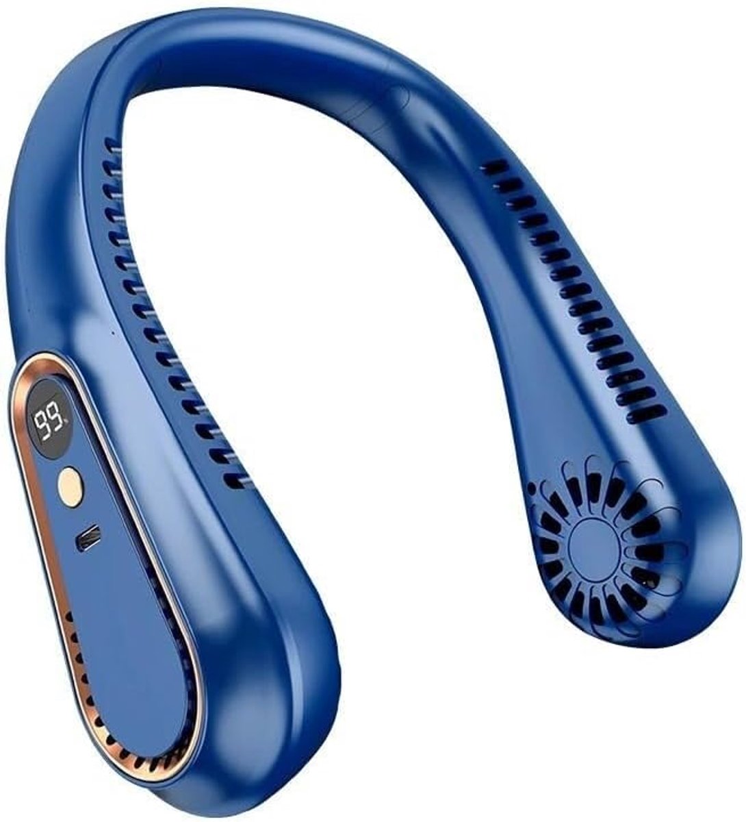 Portable neck fan, USB rechargeable, wireless and bladeless cooling, cool air blowing fans, digital display (blue)