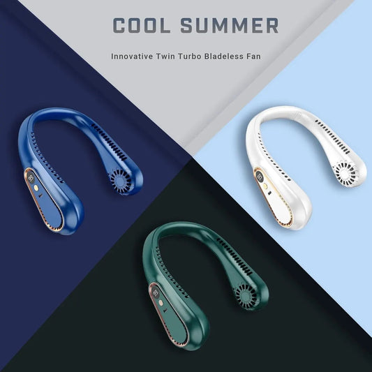 Portable neck fan, USB rechargeable, wireless and bladeless cooling, cool air blowing fans, digital display (blue) - Image 2