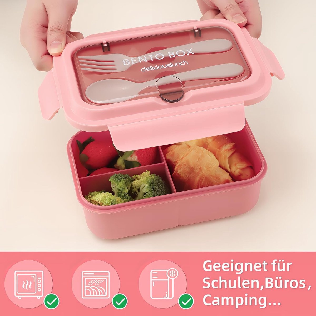 Lunch boxes - lunch box - adult lunch box - child's lunch box - Kinder lunch box - 3-compartment leakproof lunch box - bento box with cutlery - 1200 ml - snack box for children and boys - pink - Image 2