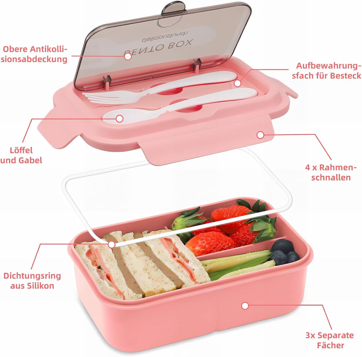 Lunch boxes - lunch box - adult lunch box - child's lunch box - Kinder lunch box - 3-compartment leakproof lunch box - bento box with cutlery - 1200 ml - snack box for children and boys - pink - Image 6