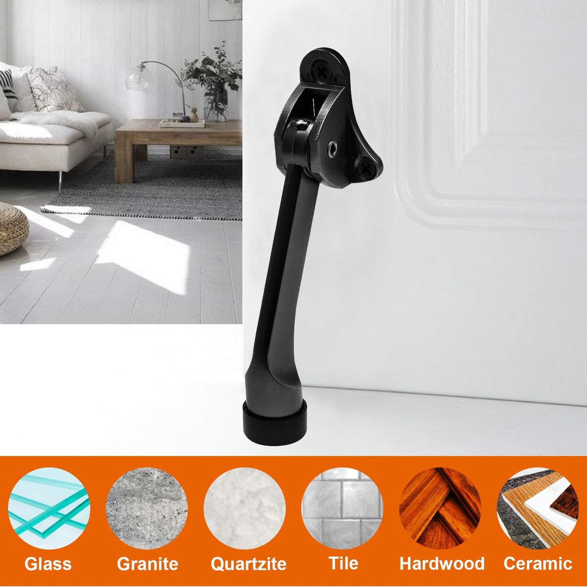 Set of 2 heavy-duty stainless steel doorstops with non-slip rubber tips for heavy doors, adjustable, door handle protection, 13 cm, black - Image 4