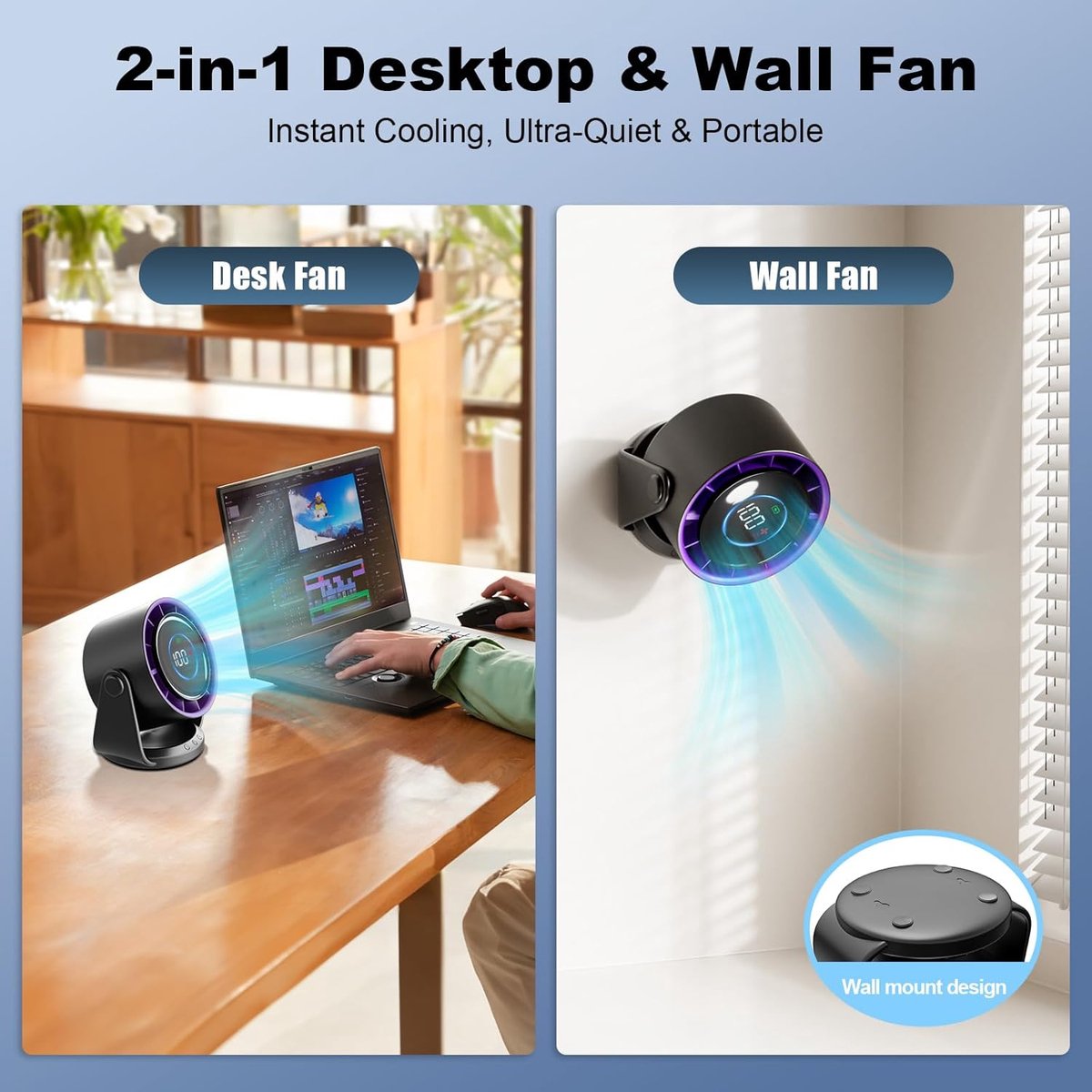 Fan - Rechargeable table fan - Silent USB fan - 100 speeds with memory function - LED display - 115° rotation - Hanging fan - For bedroom, office, kitchen, camping [grey] - Image 2