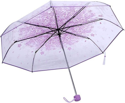 Transparent plastic folding umbrella - Purple Sakura design - Transparent floral travel umbrella, windproof, for outdoor use - Suitable for adults, children, girls, and women