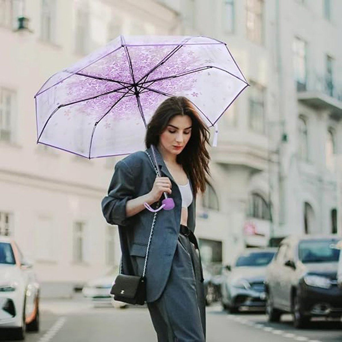 Transparent plastic folding umbrella - Purple Sakura design - Transparent floral travel umbrella, windproof, for outdoor use - Suitable for adults, children, girls, and women - Image 3