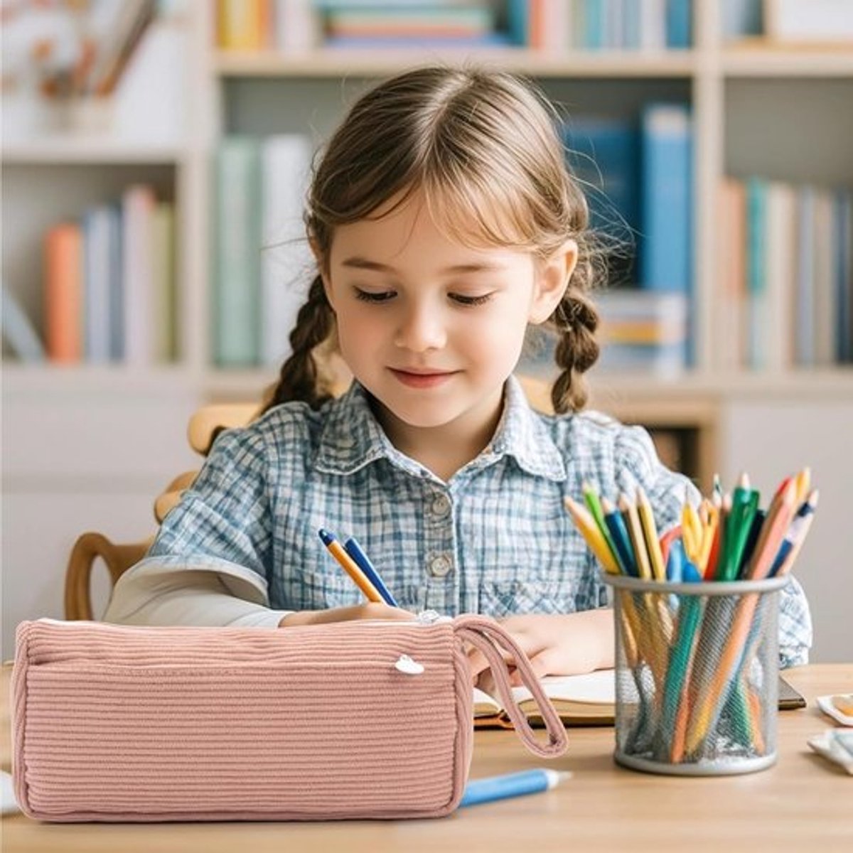 Corduroy Pencil Case - Pretty pencil case with a practical zipper - Makeup bag - Suitable for Boys and Girls - Grey - Image 4