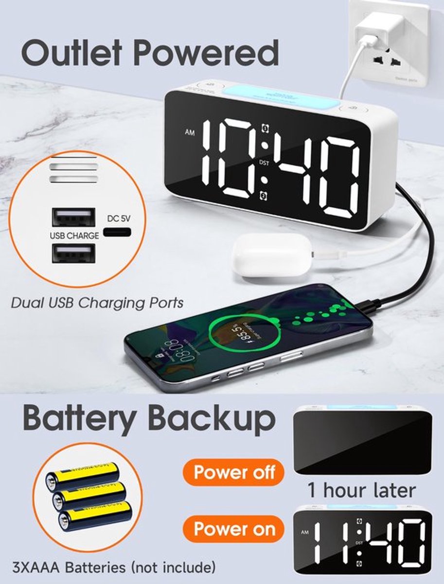 Digital nightlight - Klok Extra powerful - 7 colors - Ideal for heavy sleepers - Adjustable volume and USB charging - Place on the bedside table - Wit - Image 2
