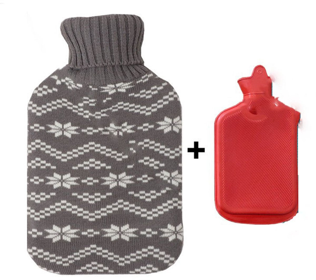 Hot water bottle - Hot water bottle - Hot water bottle - Hot water bottle with cover - Knitted hot water bottle cover - Snowflake pattern - For pain relief - Hand and foot warmer (2L)