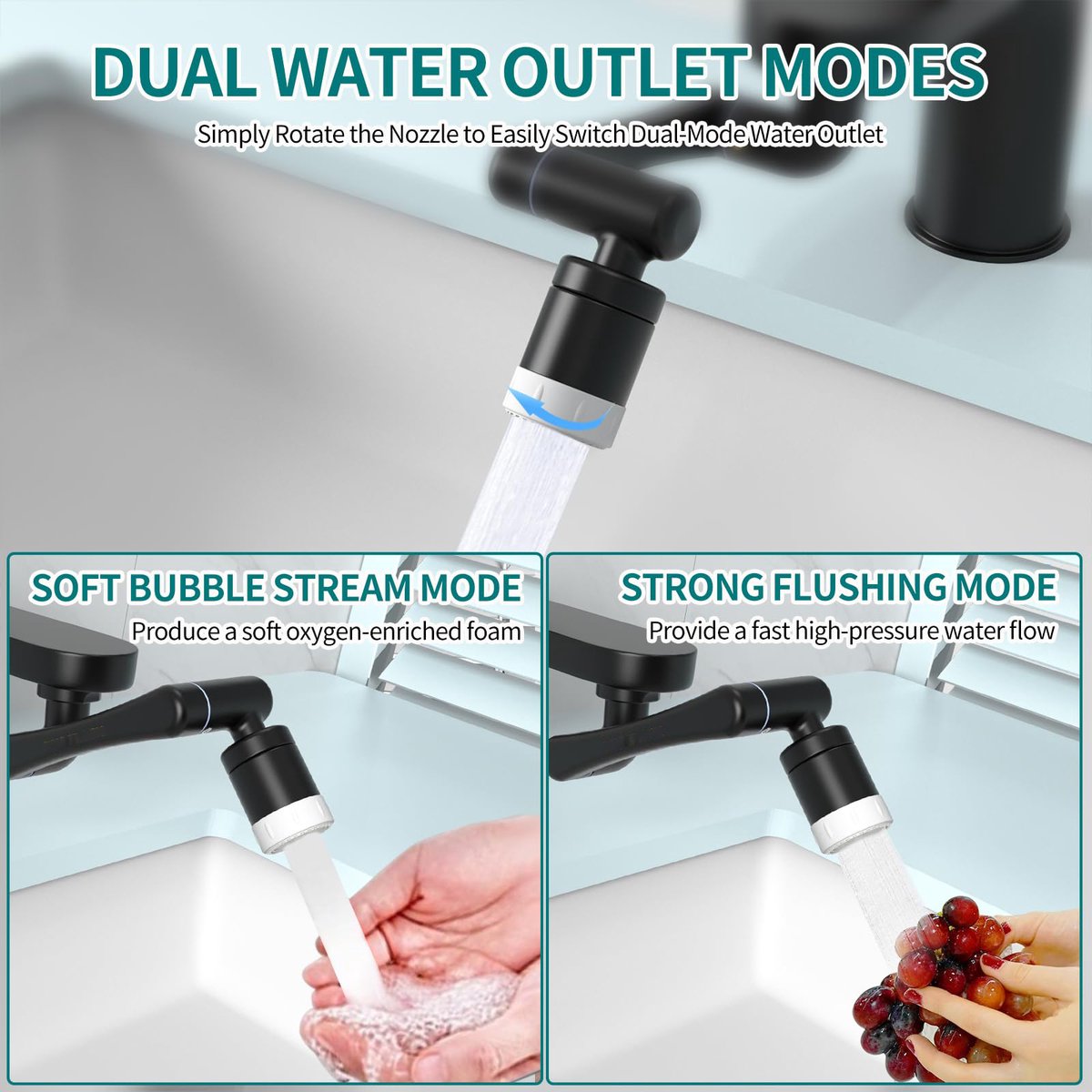 1440° Rotating Faucet - Faucet - Faucet Fitting - Faucet Head - Stainless Steel - Aerator - Rotating - Extension - Water Saving - Kitchen Faucet - Bathroom Faucet - Swivel - Dishwasher - Black - Image 4