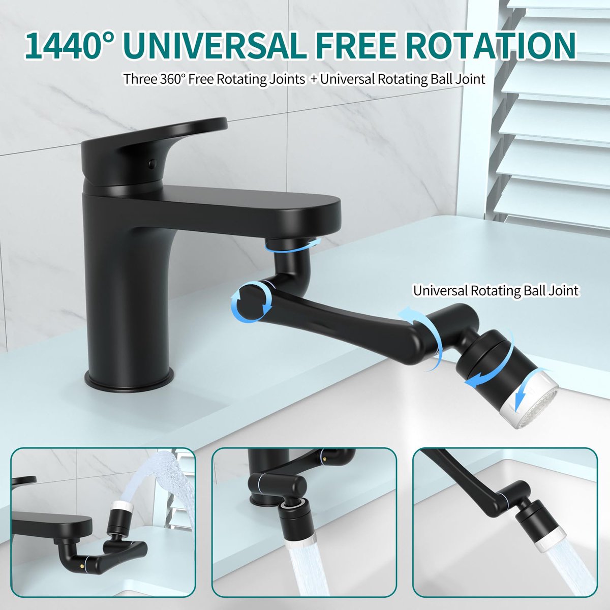 1440° Rotating Faucet - Faucet - Faucet Fitting - Faucet Head - Stainless Steel - Aerator - Rotating - Extension - Water Saving - Kitchen Faucet - Bathroom Faucet - Swivel - Dishwasher - Black - Image 6