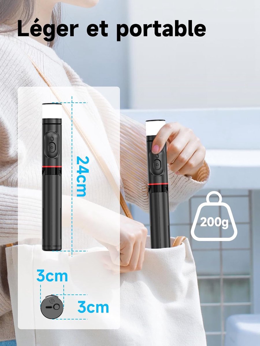 Selfie stick - Phone tripod - Tripod with auxiliary light - Mobile phone holder - With lighting function - Remote control - 75mm aluminum phone holder - Selfie stick for smartphones - Image 2