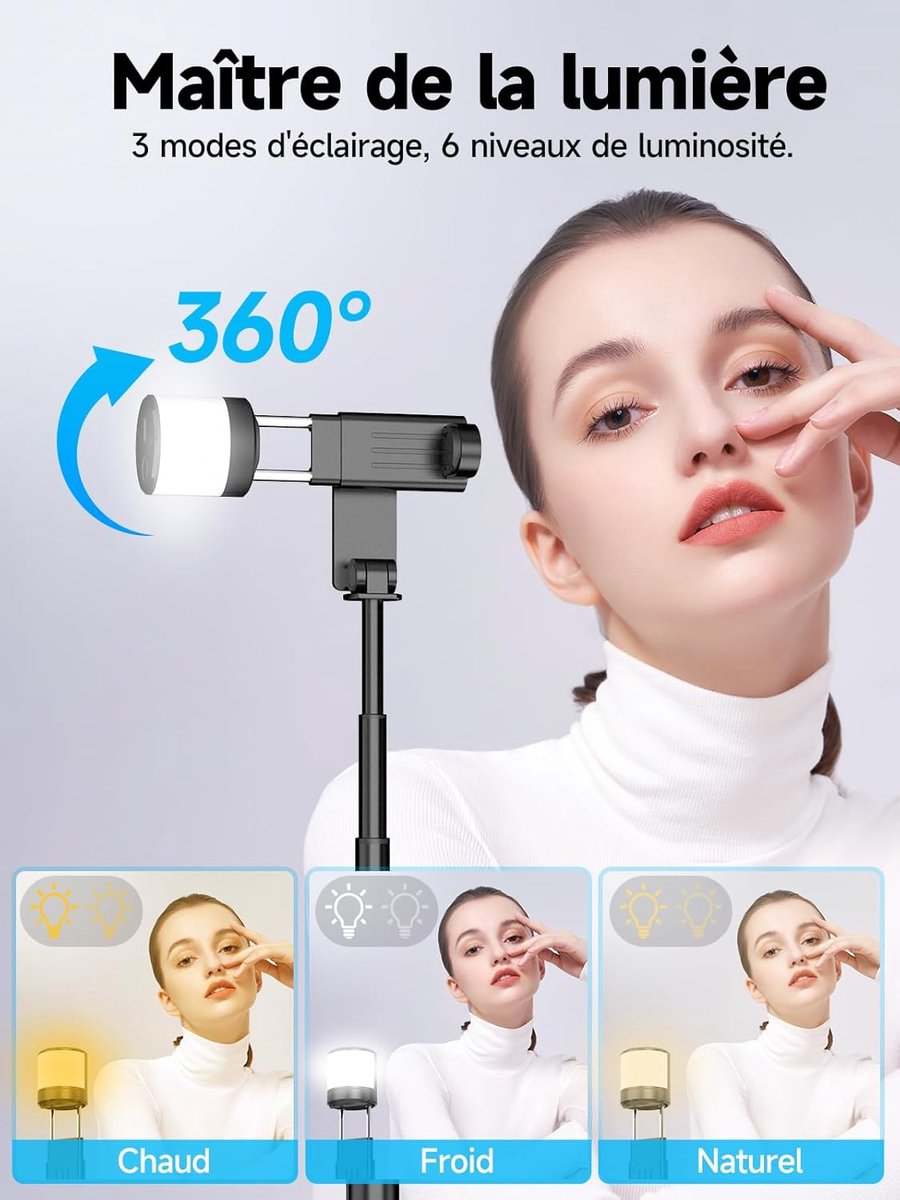 Selfie stick - Phone tripod - Tripod with auxiliary light - Mobile phone holder - With lighting function - Remote control - 75mm aluminum phone holder - Selfie stick for smartphones - Image 3