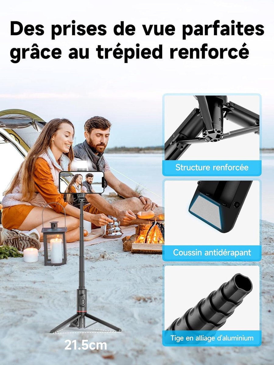 Selfie stick - Phone tripod - Tripod with auxiliary light - Mobile phone holder - With lighting function - Remote control - 75mm aluminum phone holder - Selfie stick for smartphones - Image 6