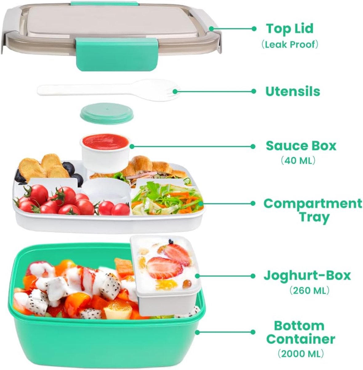 2000ml children's lunch box, adult lunch box with 4 compartments and soup container, salad box with dressing container, lunch box, salad container, microwave and dishwasher safe, BPA free - Image 4