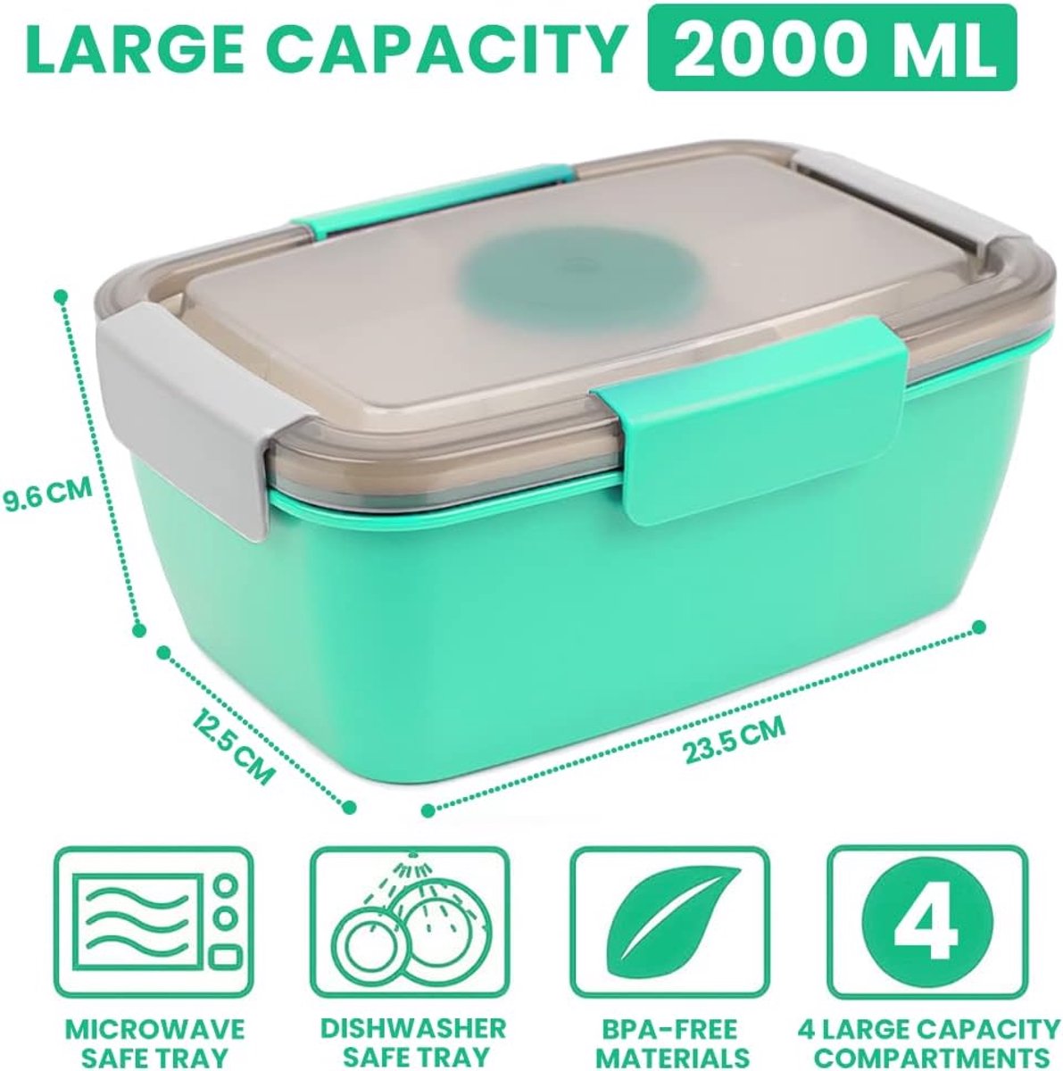 2000ml children's lunch box, adult lunch box with 4 compartments and soup container, salad box with dressing container, lunch box, salad container, microwave and dishwasher safe, BPA free - Image 5