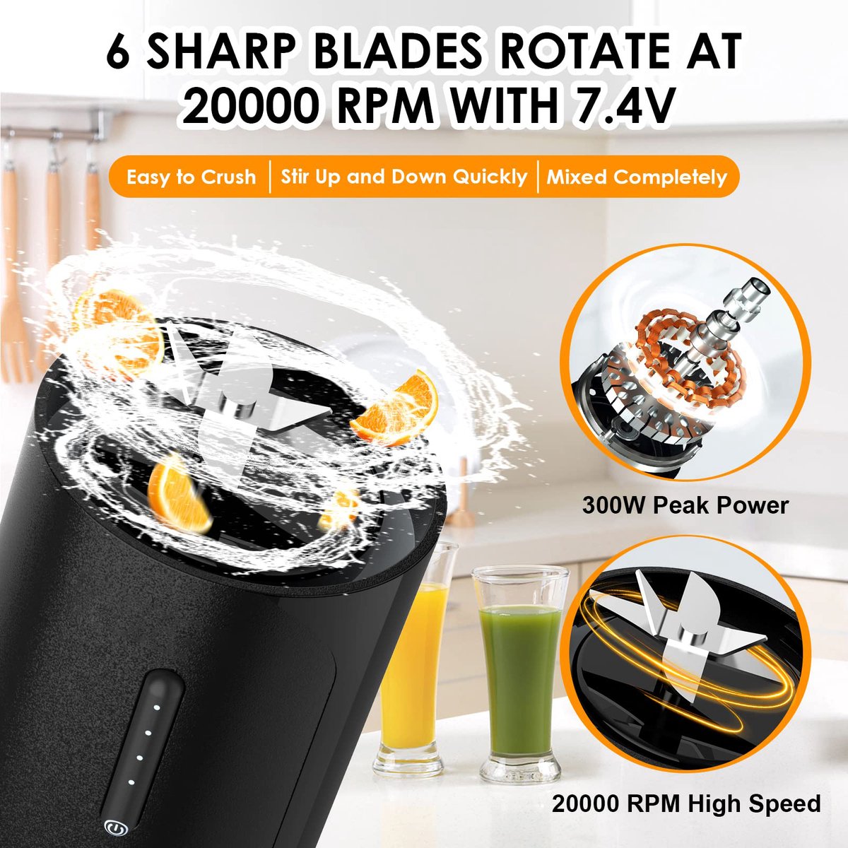 Portable Blender - Blender - Mini Blender - On-the-Go Blender - Mini Juicer - Smoothie Maker - 450 ml - For milkshakes and smoothies, 6-blade mini blender, mini blender, magnetic charger - Black - Image 7