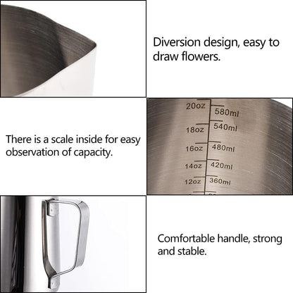 Stainless steel milk jug, 2 pieces, frothers, pitchers, 350 ml, 600 ml, stainless steel milk jug, milk, frothing pitcher, box with 2 barista pens, measuring marks for - Image 4