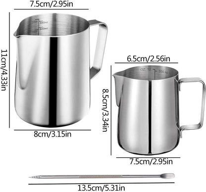 Stainless steel milk jug, 2 pieces, frothers, pitchers, 350 ml, 600 ml, stainless steel milk jug, milk, frothing pitcher, box with 2 barista pens, measuring marks for - Image 6