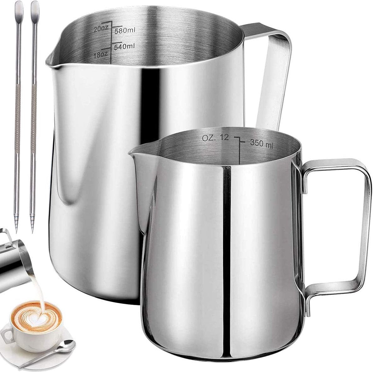 Stainless steel milk jug, 2 pieces, frothers, pitchers, 350 ml, 600 ml, stainless steel milk jug, milk, frothing pitcher, box with 2 barista pens, measuring marks for - Image 7