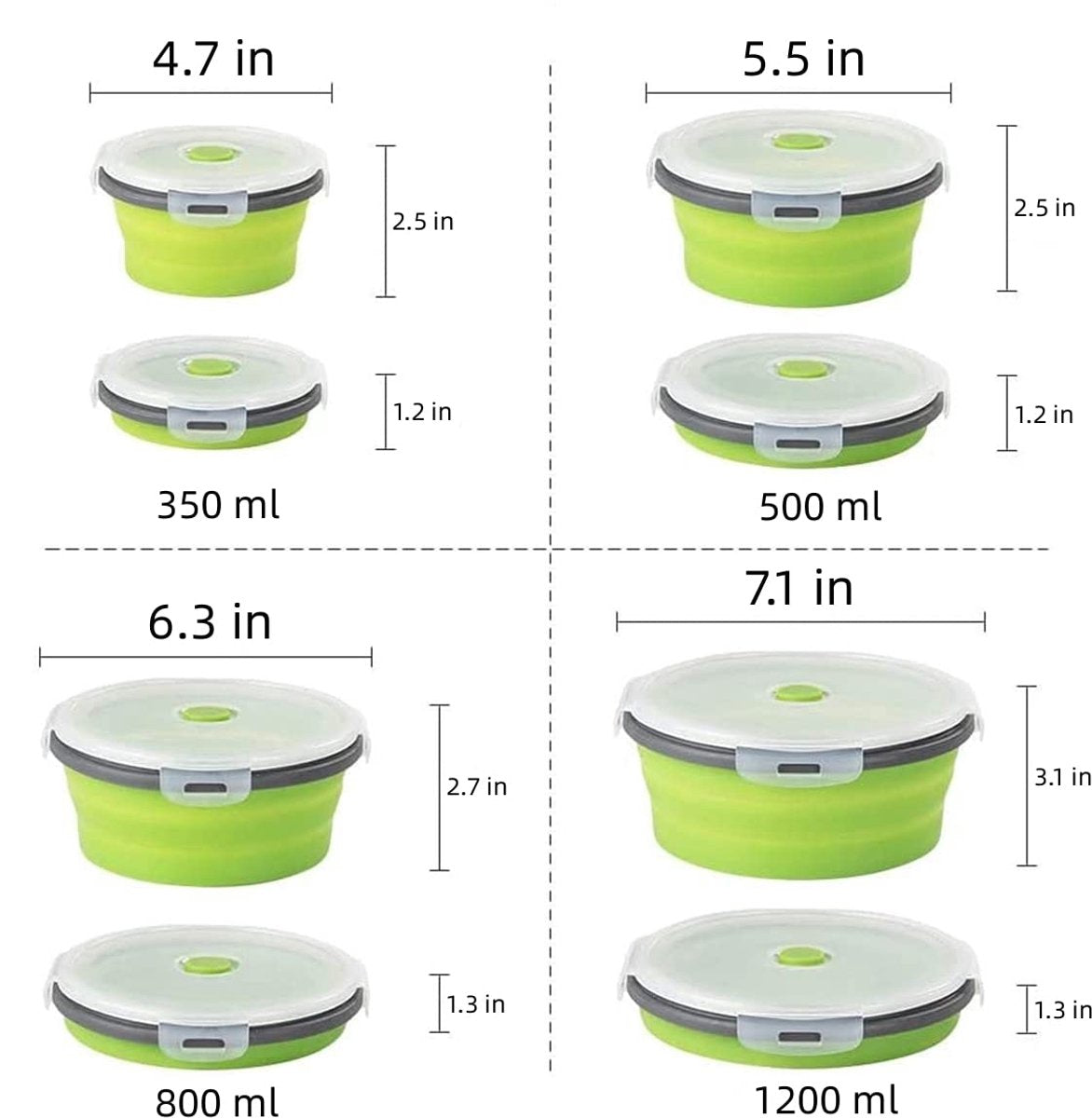 4-Piece Food Storage Container Set - Lunch Box - Collapsible Food Container - Round Silicone Lunch Box - For Camping Kitchens - BPA-Free - Green - Image 3