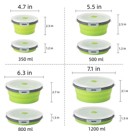 4-Piece Food Storage Container Set - Lunch Box - Collapsible Food Container - Round Silicone Lunch Box - For Camping Kitchens - BPA-Free - Green - Image 3
