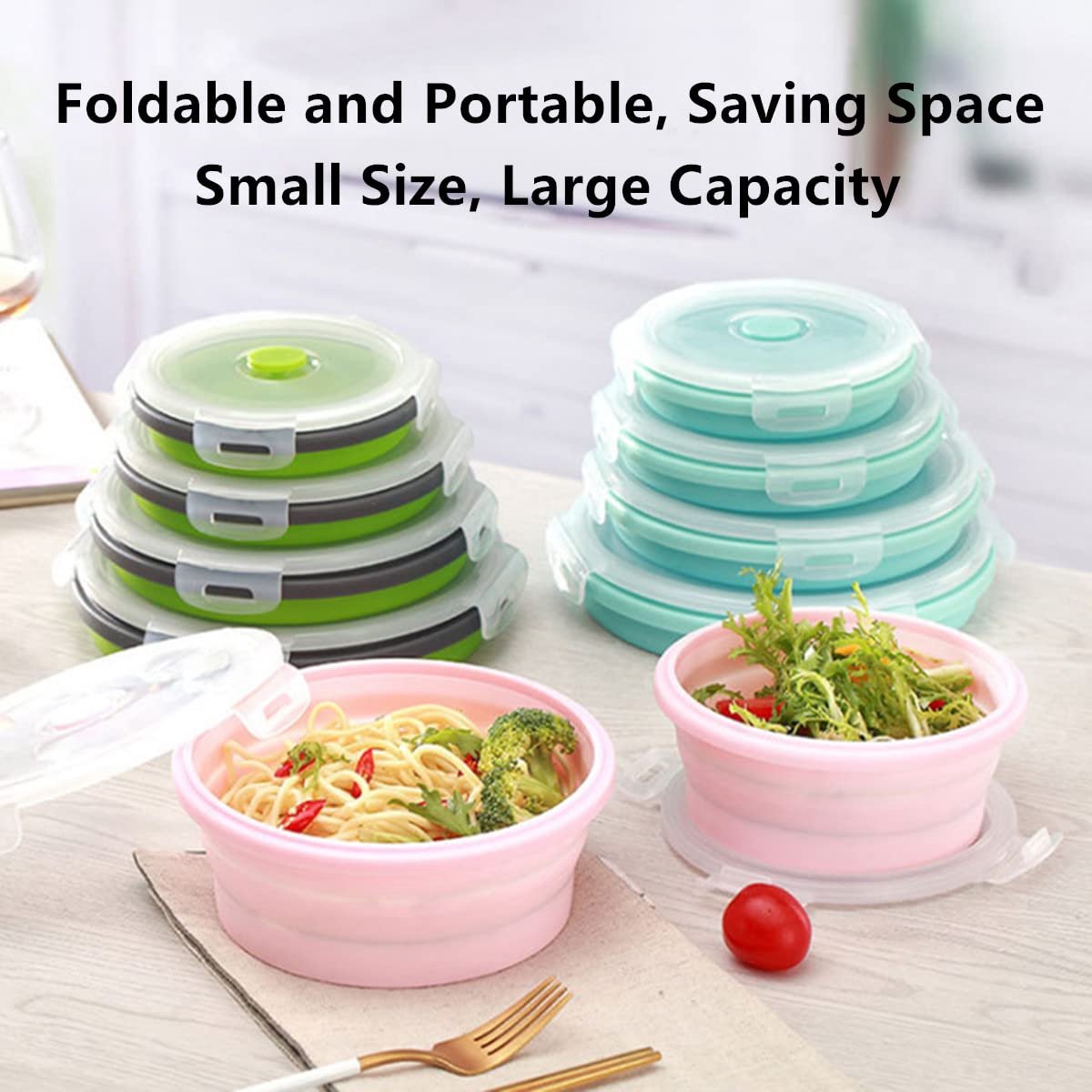 4-Piece Food Storage Container Set - Lunch Box - Collapsible Food Container - Round Silicone Lunch Box - For Camping Kitchens - BPA-Free - Green - Image 6